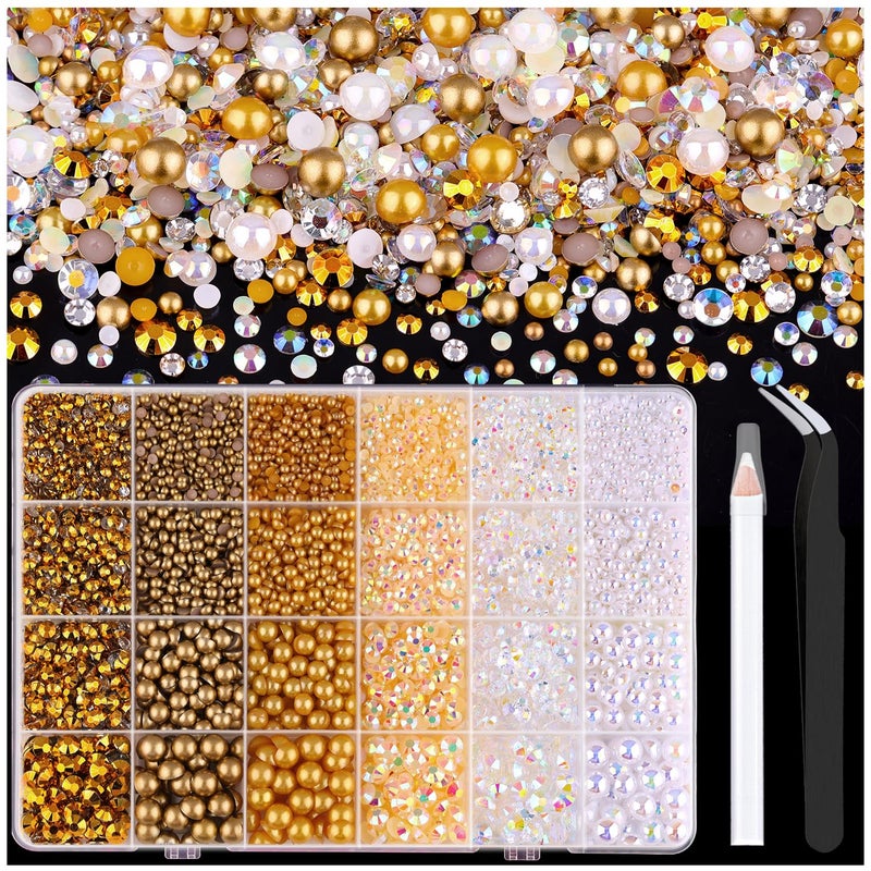 TINKRSTUFF 14000PCS Flatback Pearls and Gold Rhinestones for Bedazzling Kit, White Brown Mixed Size 3-10mm Resin Rhinestones Gems and Half Pearls for Crafting, Nail Art Crafts Decoration - Image 1