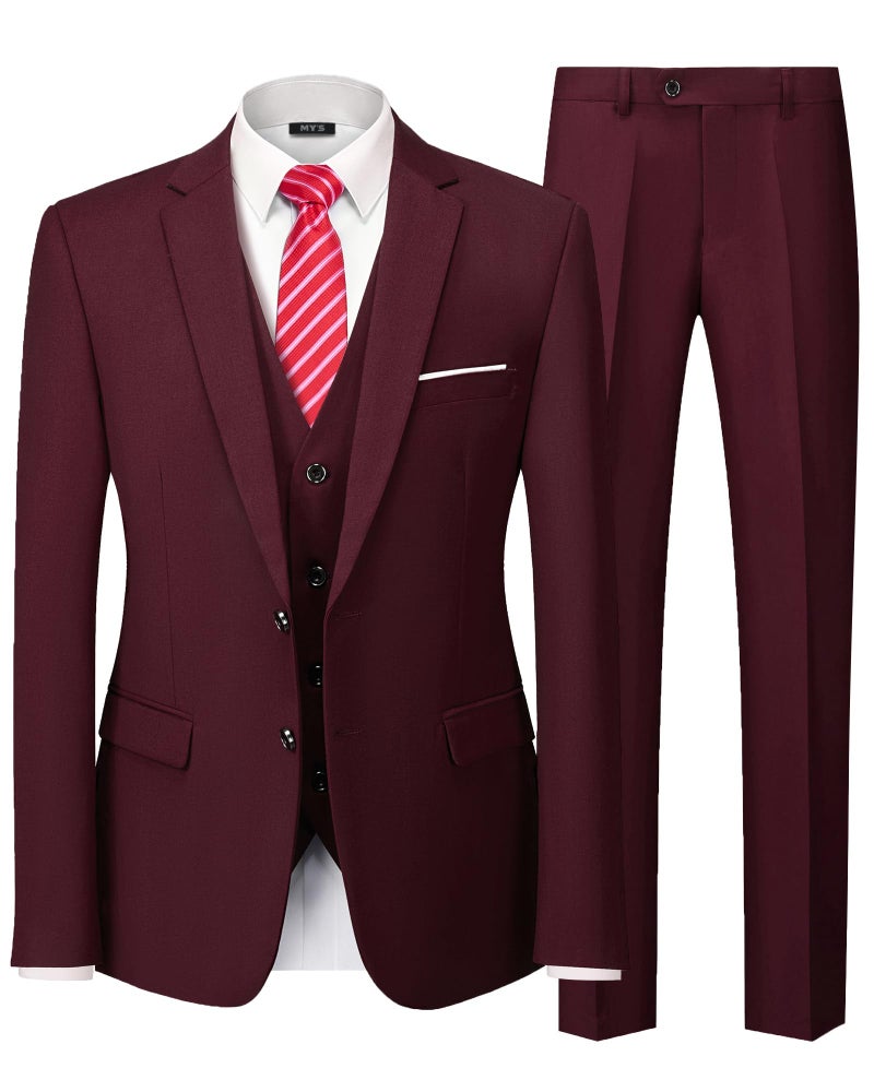 MYS Mens 3 Piece Slim Fit Suit Set 2 Button Blazer Jacket Vest Pants with Tie Solid Wedding Dress Tux and Trousers Burgundy