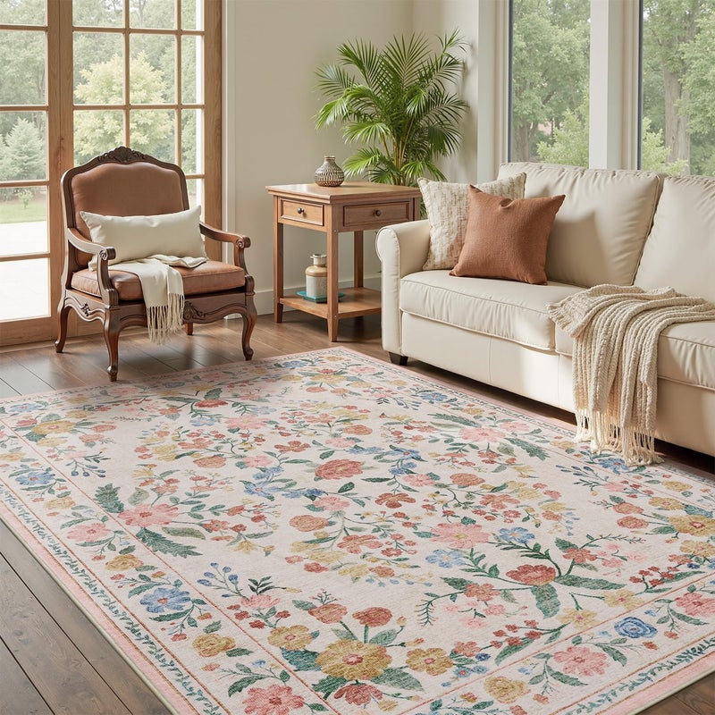 AMOAMI Vintage Floral 5x7 Area Rugs for Living Room Rug, Machine Washable Rug Non Slip Large Area Rug for Bedroom Indoor Low Pile Carpet Ultra Soft Boho Rugs for Dining Room Playroom Office, Beige - Image 1