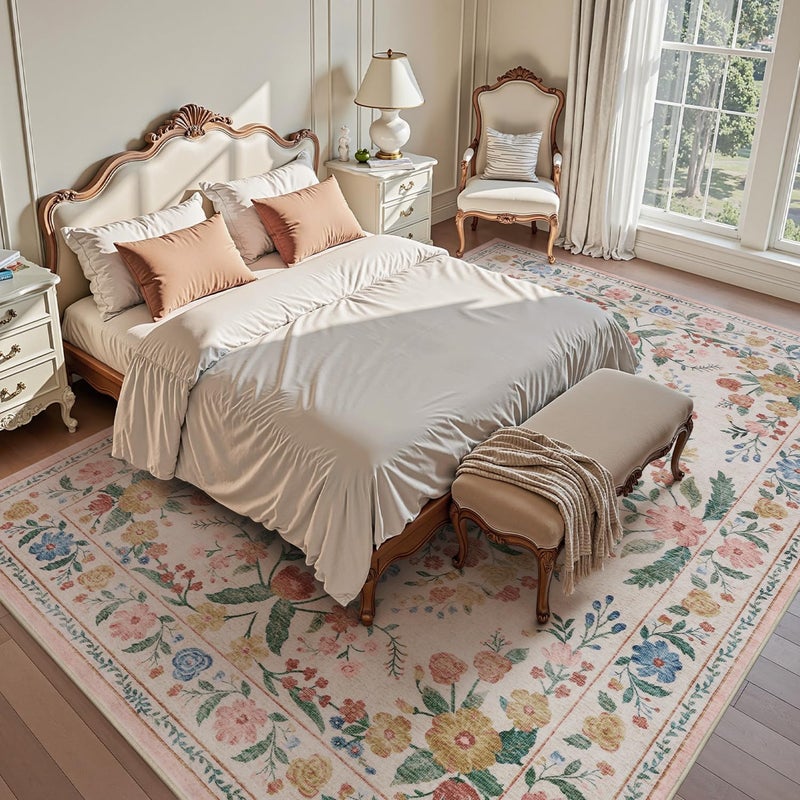 AMOAMI Vintage Floral 5x7 Area Rugs for Living Room Rug, Machine Washable Rug Non Slip Large Area Rug for Bedroom Indoor Low Pile Carpet Ultra Soft Boho Rugs for Dining Room Playroom Office, Beige - Image 4