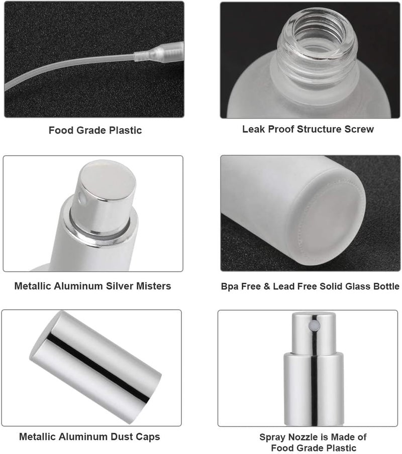 Khazna Spray Bottles 100ml, 2Pcs Frosted Glass Spray Bottles,Leak Proof Travel Empty Spray Bottles with Caps, Refillable Bottle for Perfume, Essential Oils, Makeup Toner Lotion Hair Sprayer (Silver) - Image 5