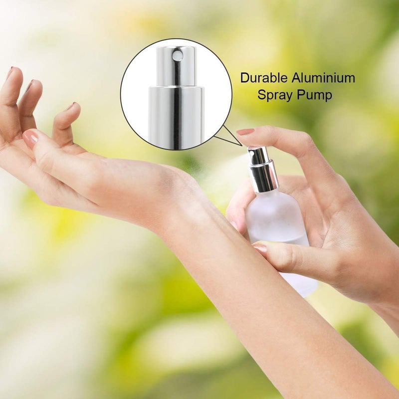 Khazna Spray Bottles 100ml, 2Pcs Frosted Glass Spray Bottles,Leak Proof Travel Empty Spray Bottles with Caps, Refillable Bottle for Perfume, Essential Oils, Makeup Toner Lotion Hair Sprayer (Silver) - Image 3