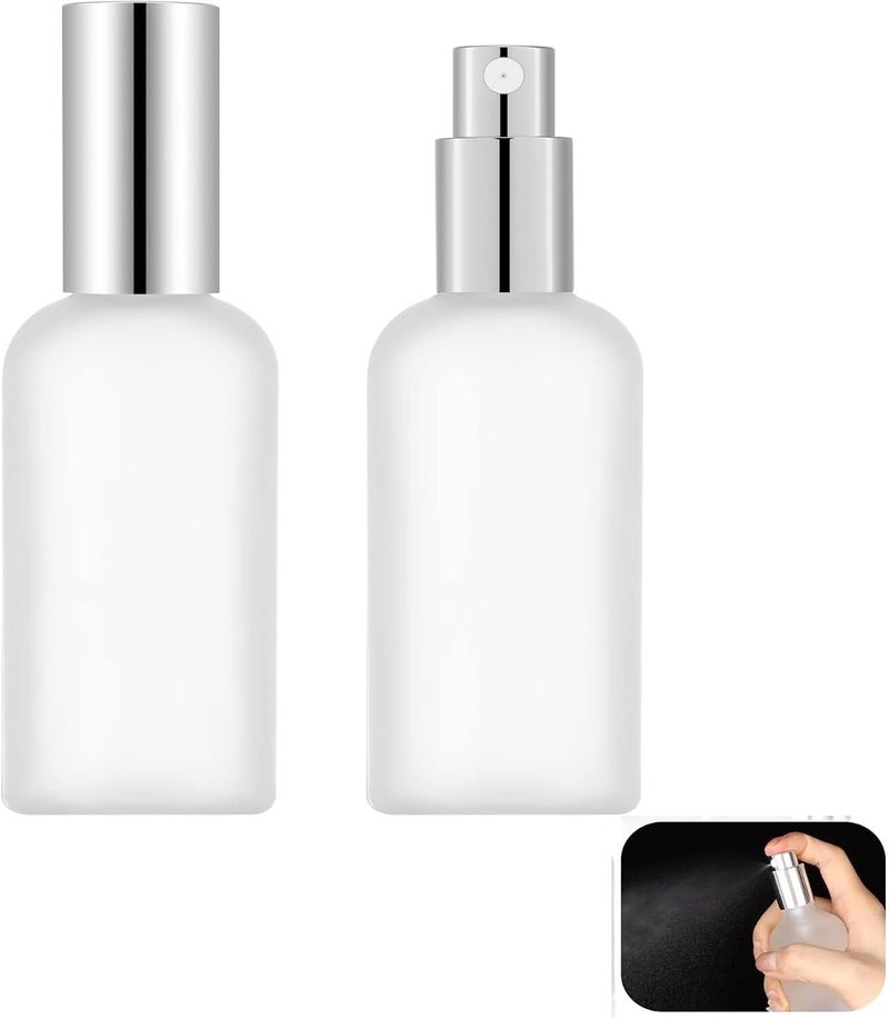 Khazna Spray Bottles 100ml, 2Pcs Frosted Glass Spray Bottles,Leak Proof Travel Empty Spray Bottles with Caps, Refillable Bottle for Perfume, Essential Oils, Makeup Toner Lotion Hair Sprayer (Silver) - Image 1