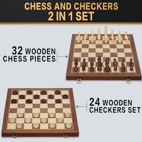 Jumlys 2 in 1 Magnetic Chess Set Checkers Board Game 15 Wooden Folding Chess Board with 2 Extra Queens Portable Travel Chess Set with Pieces Storage Slots Beginner Chess Board Game for Adults Kids - Image 5