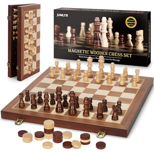 Jumlys 2 in 1 Magnetic Chess Set Checkers Board Game 15 Wooden Folding Chess Board with 2 Extra Queens Portable Travel Chess Set with Pieces Storage Slots Beginner Chess Board Game for Adults Kids - Image 1