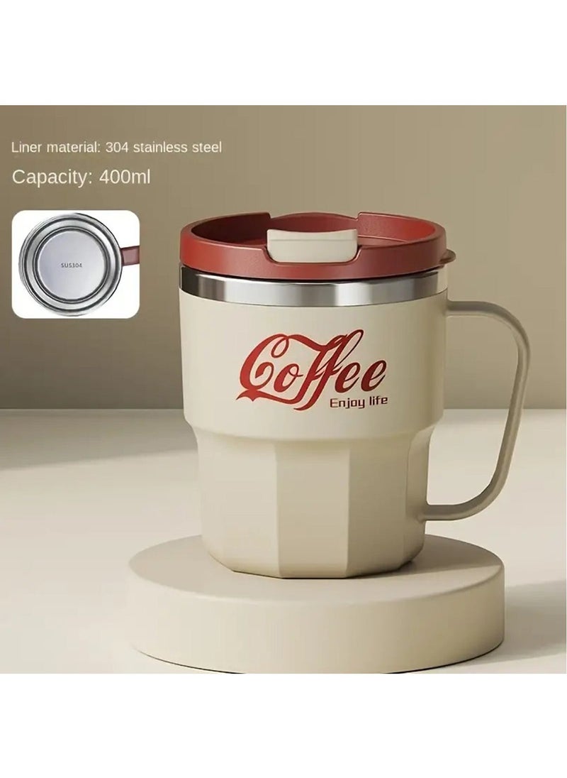 Hihonor Coffee Mug, Travel Coffee Mug with Handle, Stainless Steel Insulated Coffee Mug with Lid and Spoon, Coffe Cup, Coffee Tumbler for Water Juice Tea (Creamy White)  - Image 1