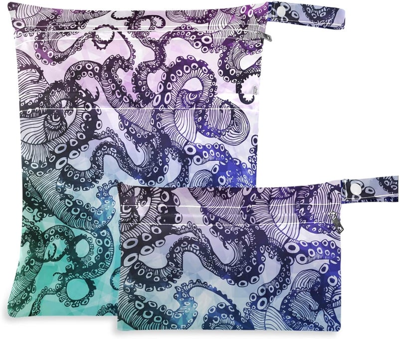 visesunny Abstract Octopus Hipster 2Pcs Wet Bag with Zippered Pockets Washable Reusable Roomy Diaper Bag for TravelBeachDaycareStrollerDiapersDirty Gym ClothesWet SwimsuitsToiletries - Image 1