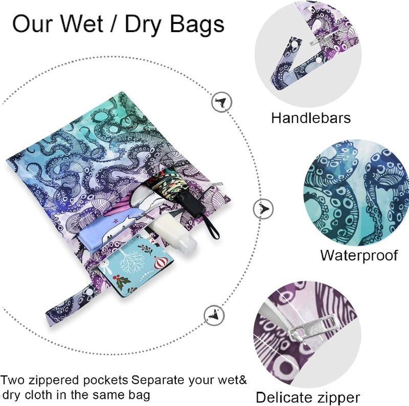 visesunny Abstract Octopus Hipster 2Pcs Wet Bag with Zippered Pockets Washable Reusable Roomy Diaper Bag for TravelBeachDaycareStrollerDiapersDirty Gym ClothesWet SwimsuitsToiletries - Image 5