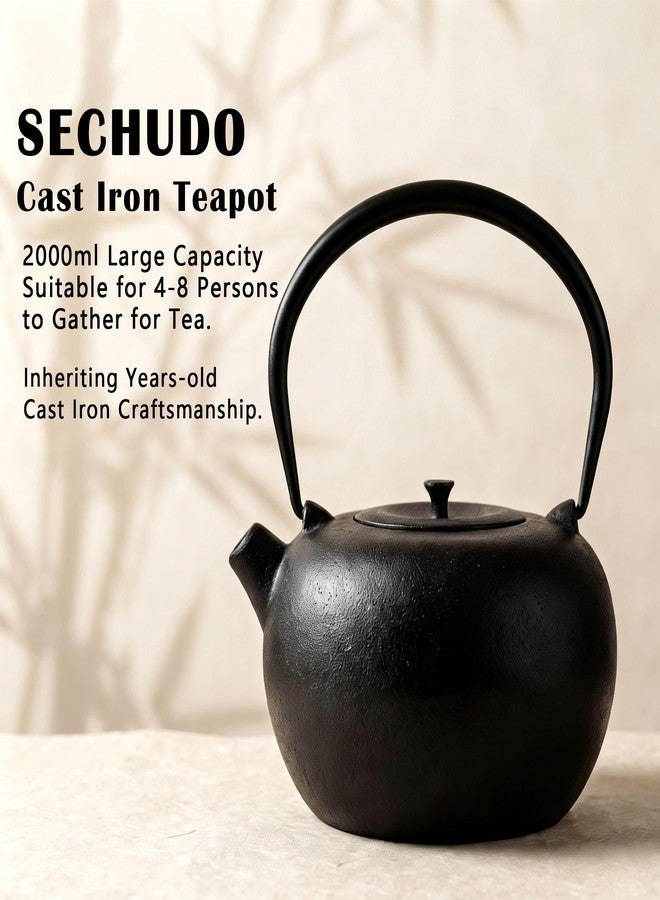 SECHUDO إبريق شاي سيتشودو من الحديد الزهر، سعة 67.6 أونصة، آمن للاستخدام على الموقد، إبريق شاي صيني أسود اللون مزود بمصفاة من الفولاذ المقاوم للصدأ لأوراق الشاي السائبة، إبريق شاي ثقيل وكبير الحجم مناسب لمواقد الحث الحراري، إبريق شاي مطلي بالمينا من الداخل - Image 2