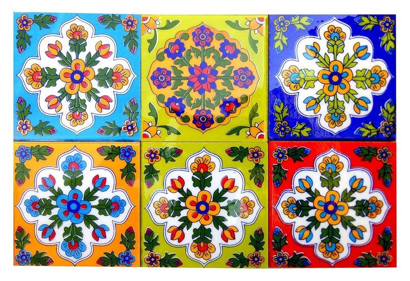 Shiv Kripa Blue Pottery Home Decor Flooring Tiles Designer Floral Kitchen Washroom Mosaic Furniture Tile Handmade Ceramic Wall Tile Backsplash 4 x 4 Inch Pack of 6 Tiles Multi