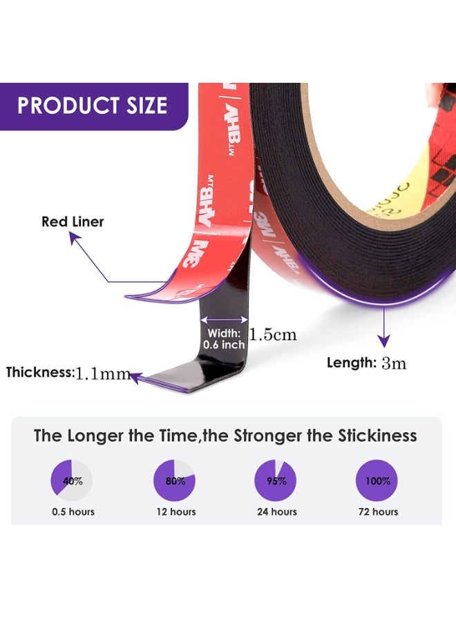 Double Sided Tape,Heavy Duty Waterproof Mounting Foam 3M VHB Tape, 300cm Length, 1.5cm Width, Strong Adhesive Tape for Car, Wall, LED Strip Light, Home,Office Decor, 1.5cm x 3m - view 2