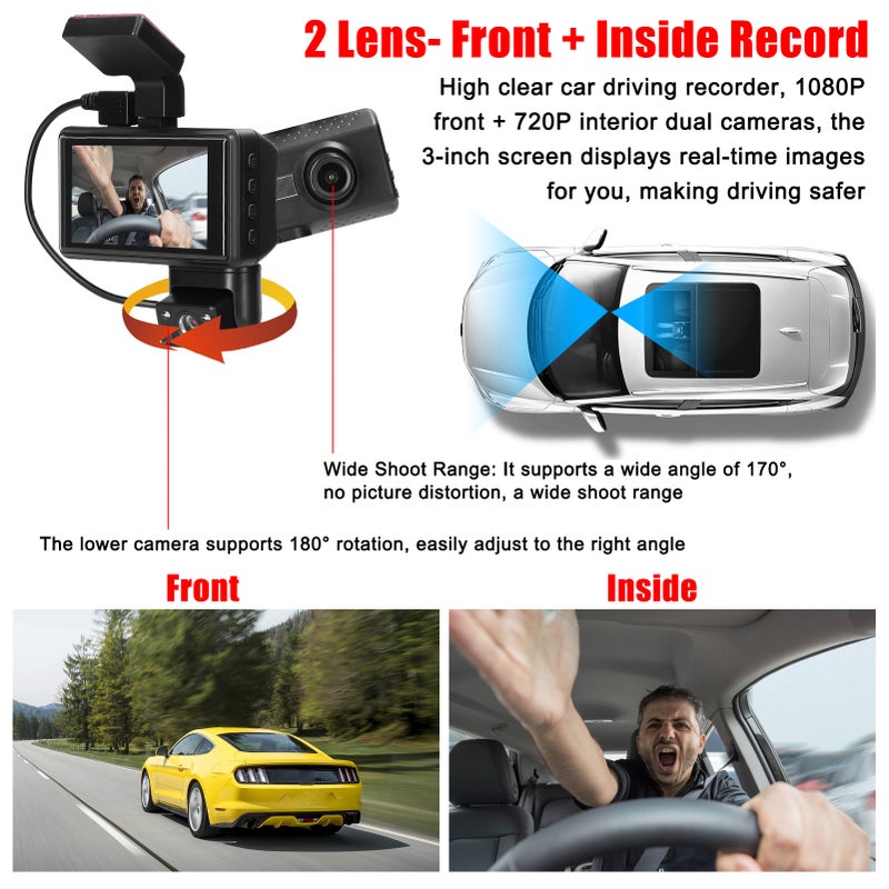 1080P DVR Dash Camera Front & Inside Dual Camera Driving Recorder 3 Inch Screen Dashcam 170° Wide Angle Support Voice Recording Night Vision G-Sensor Loop Recording - Image 2