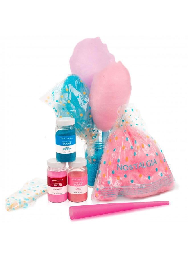 Nostalgia Cotton Candy Party Kit, 3 Flavors, 4 Reusable Cones, 10 Floss Bags