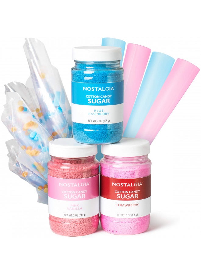 Nostalgia Cotton Candy Party Kit, 3 Flavors, 4 Reusable Cones, 10 Floss Bags