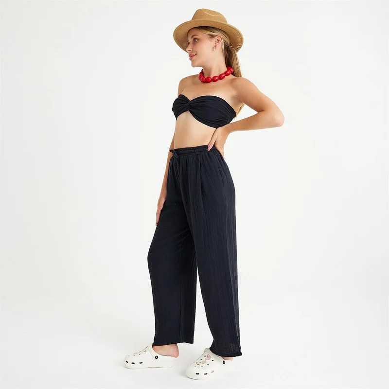 Miespiga 100% Cotton Woven Muslin Knot Crop Top 2-Piece Trouser Set with Elastic Back
