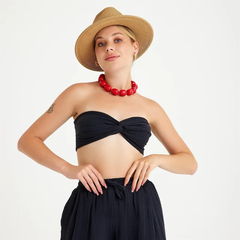 Miespiga 100% Cotton Woven Muslin Knot Crop Top 2-Piece Trouser Set with Elastic Back