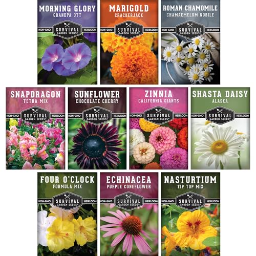 SURVIVAL GARDEN SEEDS 10 Flower Seed Collection for Planting | Zinnia, Sunflower, Marigold, Snapdragon, Nasturtium, Morning Glory, Chamomile, Shasta Daisy, Purple Coneflower, Four O’Clock - Survival Garden Seeds - Image 1