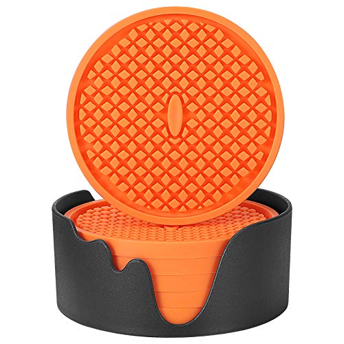 ME.FAN Silicone Coasters [6 Pack] Thickened Drink Coasters with Holder - Cup Mat - Non-Slip, Non-stick, Stay Put, Deep Tray - Prevents Furniture and Tabletop Damages(Orange) - Image 1