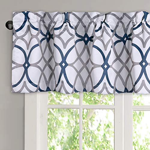 H.VERSAILTEX Blackout Curtain Valances for Kitchen/Bathroom - Thermal Insulated Window Valances for Living Room/Bedroom Rod Pocket Short Curtain 1 Panel, 52x18 inch, Geo in Dark Denim and Grey