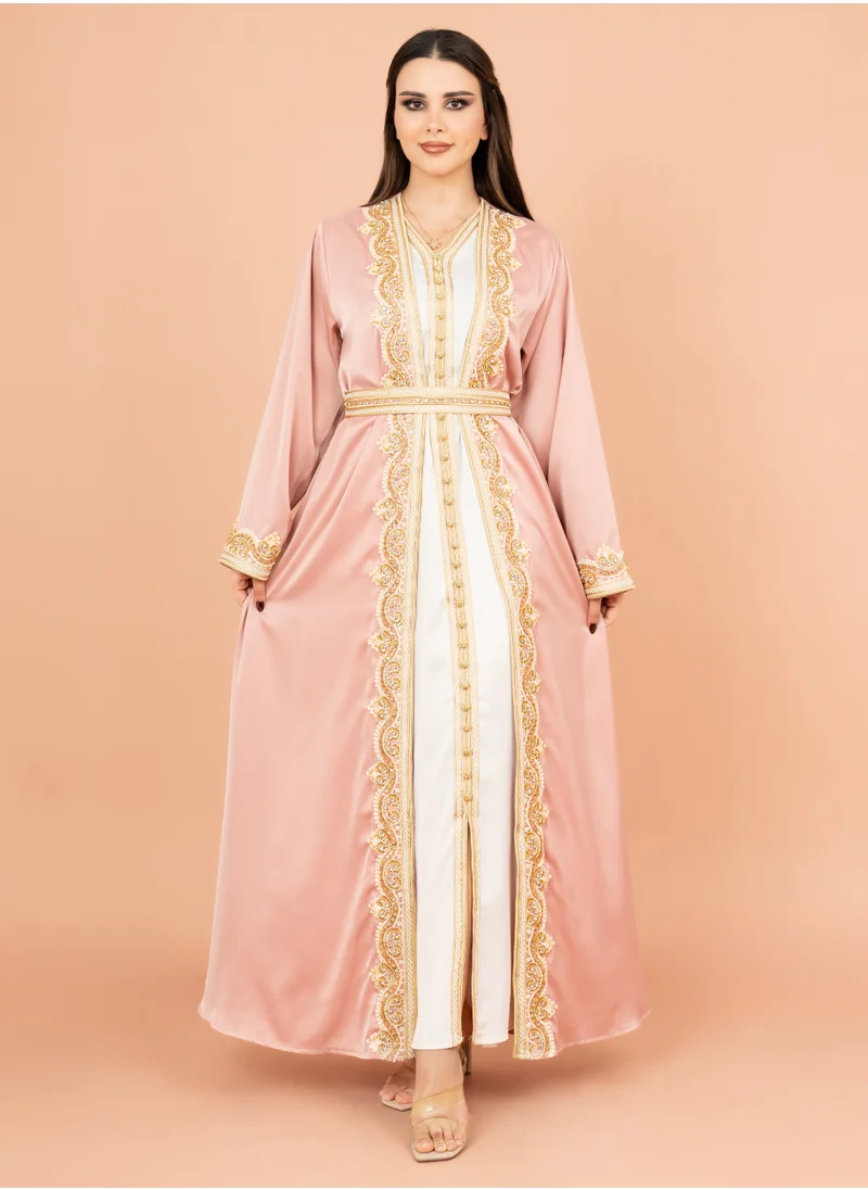 IKKXA Belted Elegant 2-Piece Kaftan IK2009 Peach