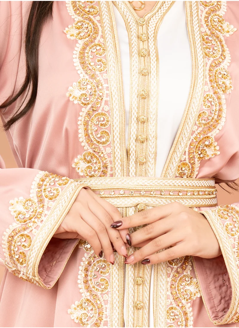 IKKXA Belted Elegant 2-Piece Kaftan IK2009 Peach