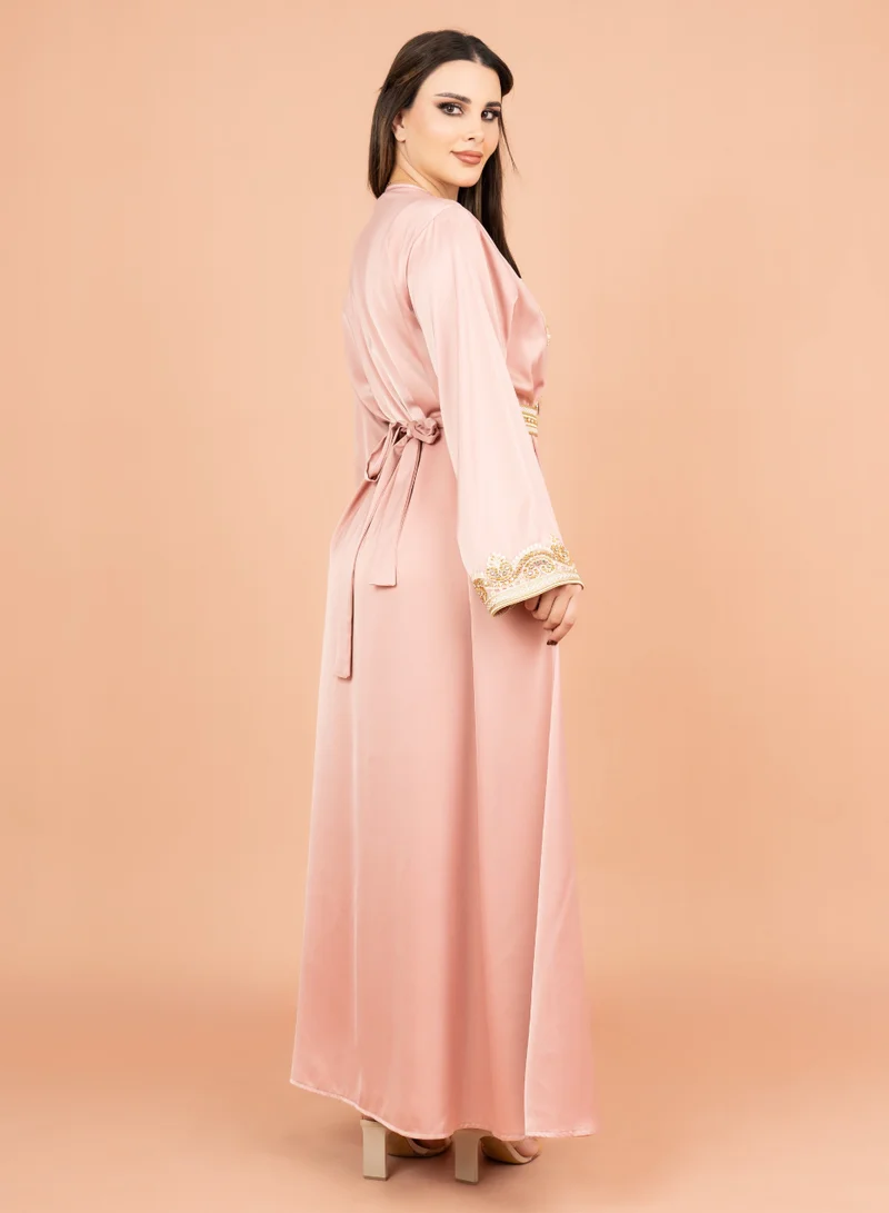 IKKXA Belted Elegant 2-Piece Kaftan IK2009 Peach