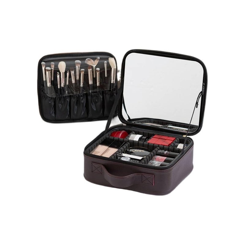 PU Leather Mirror Detail and Cosmetic Organizer Travel Makeup Bag in Brown for cosmetics - Image 3