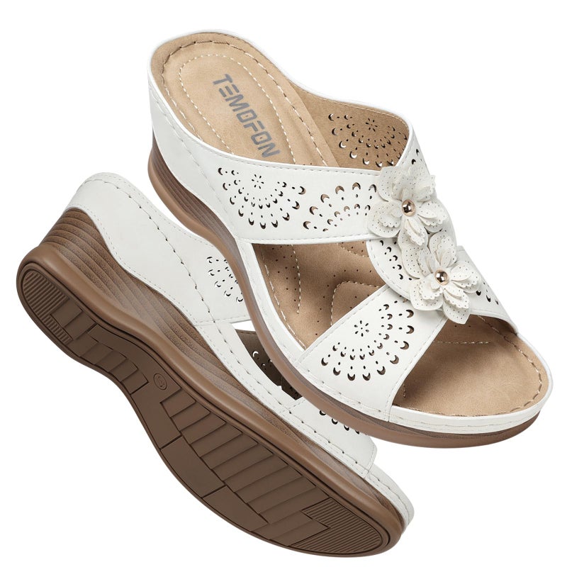 TEMOFON Womens Wedge Sandals Leather: Casual Dressy Women White Summer Platform Wedge Sandals Slip on Low Heels Comfortable Walking Size 7 - Image 1
