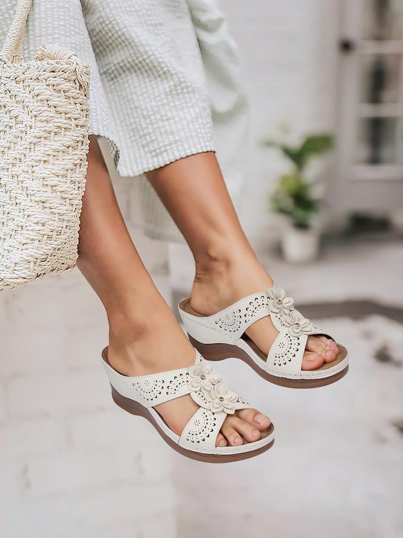 TEMOFON Womens Wedge Sandals Leather: Casual Dressy Women White Summer Platform Wedge Sandals Slip on Low Heels Comfortable Walking Size 7 - Image 2