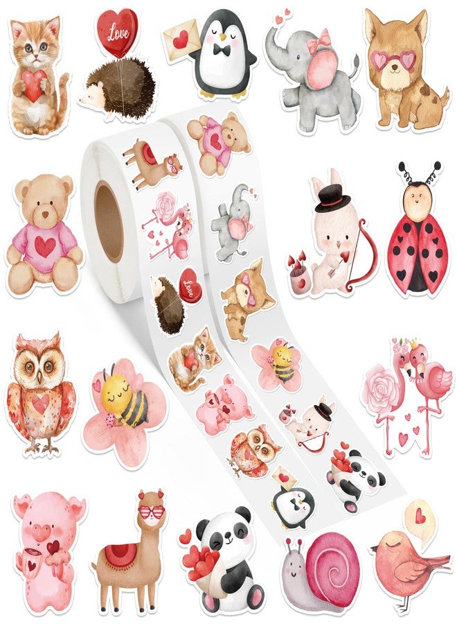 OSNIE Valentines Animal Stickers Roll - 1000Pcs in 2 Rolls Valentine's Day Watercolor Cute Animal Sticker Love Envelope Seals Vinyl Sticker Decor Gift for Kids Classroom Water Bottle Laptop Window - Image 1