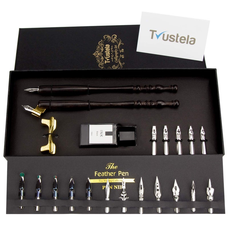 Trustela Calligraphy Set for Beginners, Dip Pen Set with 19 Nibs, Oblique Pen Holder, Wooden Pen Set - Image 2