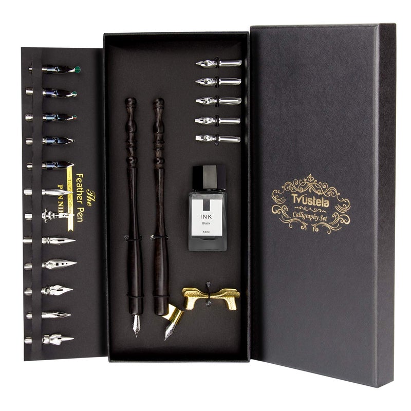 Trustela Calligraphy Set for Beginners, Dip Pen Set with 19 Nibs, Oblique Pen Holder, Wooden Pen Set - Image 1