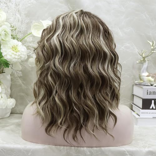 IMSTYLE Synthetic Lace Front Wigs Brown Highlight Ash Blonde 132 Inches Lace Front Wig Short Bob Curly Wigs Synthetic Hair 16 Inches Wig Free Part with Natural Hairline Shoulder Length Blonde Brown - Image 3