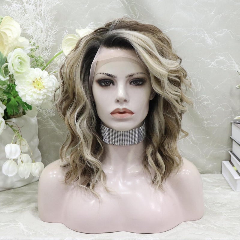IMSTYLE Synthetic Lace Front Wigs Brown Highlight Ash Blonde 132 Inches Lace Front Wig Short Bob Curly Wigs Synthetic Hair 16 Inches Wig Free Part with Natural Hairline Shoulder Length Blonde Brown - Image 2