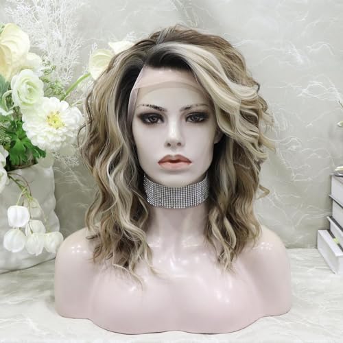 IMSTYLE Synthetic Lace Front Wigs Brown Highlight Ash Blonde 132 Inches Lace Front Wig Short Bob Curly Wigs Synthetic Hair 16 Inches Wig Free Part with Natural Hairline Shoulder Length Blonde Brown - Image 1