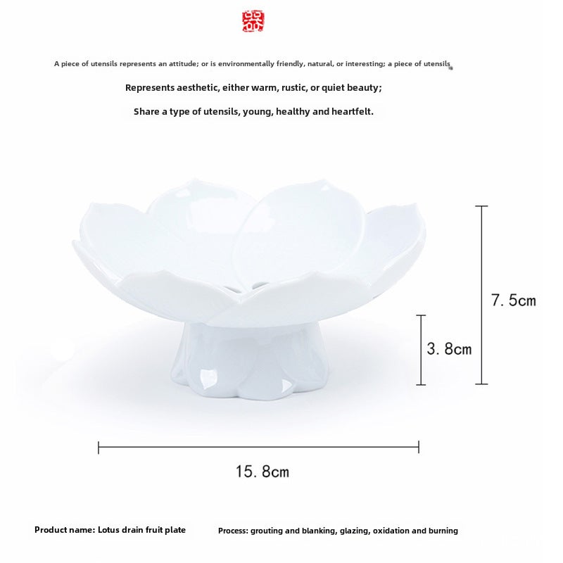Drainable Ceramic High-foot Lotus Fruit Plate Creative Dried Fruit Plate Fruit Plate Chinese Tray Refreshment Tray Household Living RoomLotus drain fruit plate-Jade White Lotus drain fruit plate-Jade White 