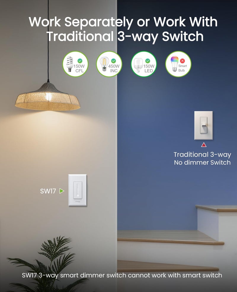GHome Smart 3 Way Dimmer Smart Switch Can Work Separately Or Work with Traditional 3-Way Switch, Compatible with Alexa, Google Assistant, Neutral Wire Required, 2.4GHz WiFi Only, FCC Certified, 3 Pack - Image 3