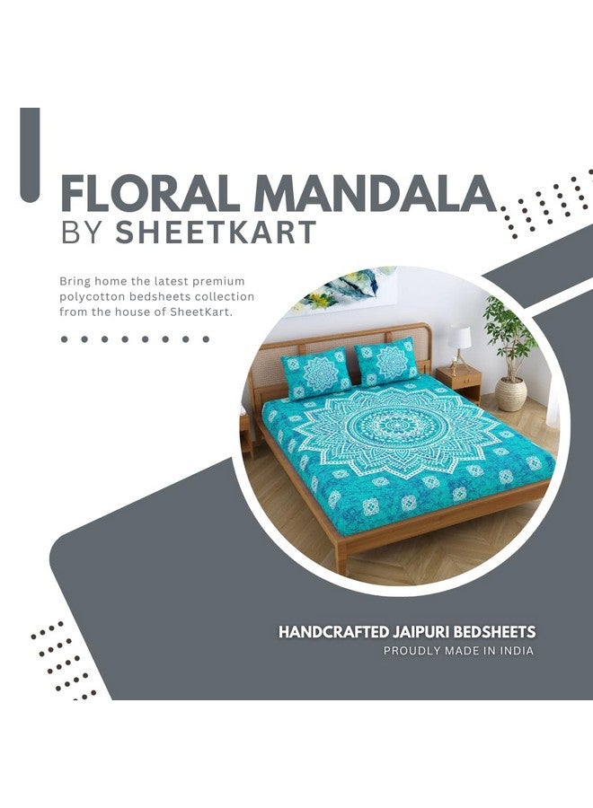 SheetKart Cotton Blend Traditional Mandala Jaipuri Printed Bedsheet for Double Bed King Size with 2 Pillow Covers - Sea Green,104 TC - Image 2