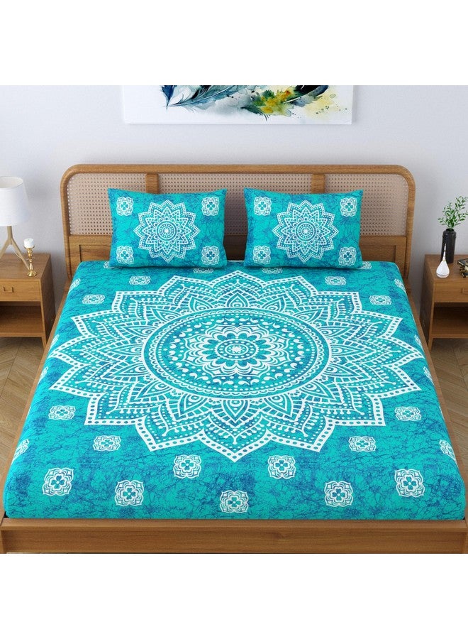 SheetKart Cotton Blend Traditional Mandala Jaipuri Printed Bedsheet for Double Bed King Size with 2 Pillow Covers - Sea Green,104 TC - Image 3
