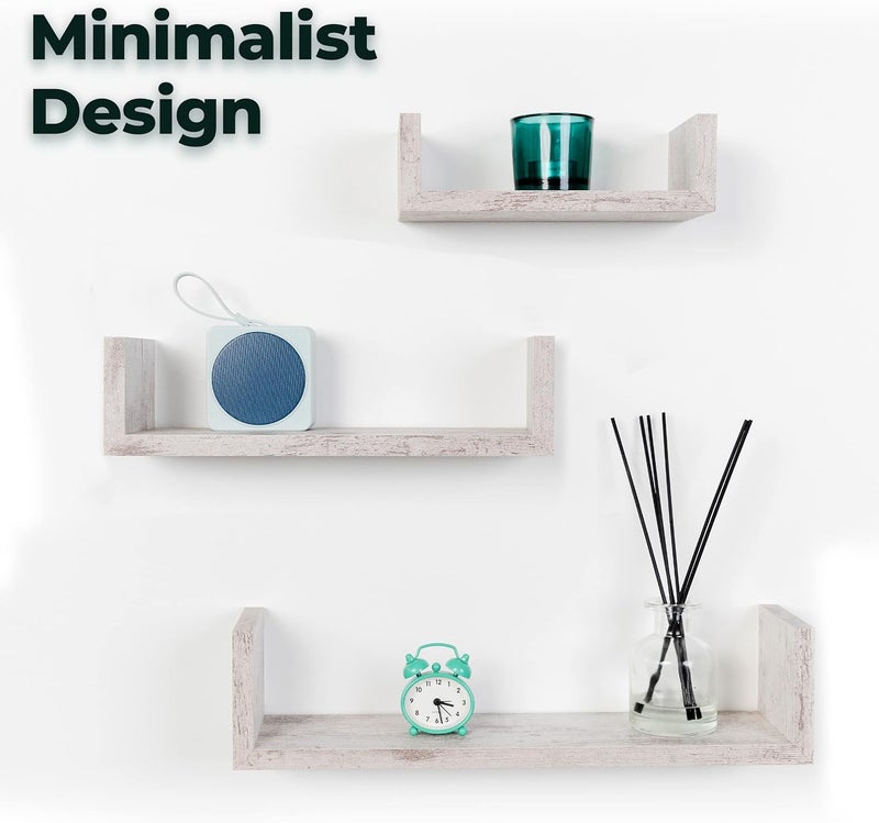 Greenco Set of 3 Floating “U” Shelves, Easy-to-Assemble Floating Wall Mount Shelves for Bedrooms and Living Rooms, Rustic White Finish - Image 4