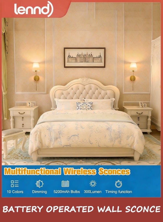 LENND Battery Operated Wall Sconce Set of 2,Gold Rechargeable Wall Lights with 5200mAh Dimmable Bulbs and Remote,10 Colors Wireless Wall Lamps for Bedroom Living Room Hallway - Image 2