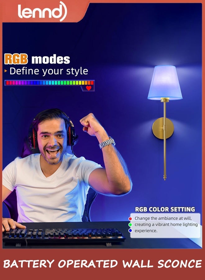 LENND Battery Operated Wall Sconce Set of 2,Gold Rechargeable Wall Lights with 5200mAh Dimmable Bulbs and Remote,10 Colors Wireless Wall Lamps for Bedroom Living Room Hallway - Image 3