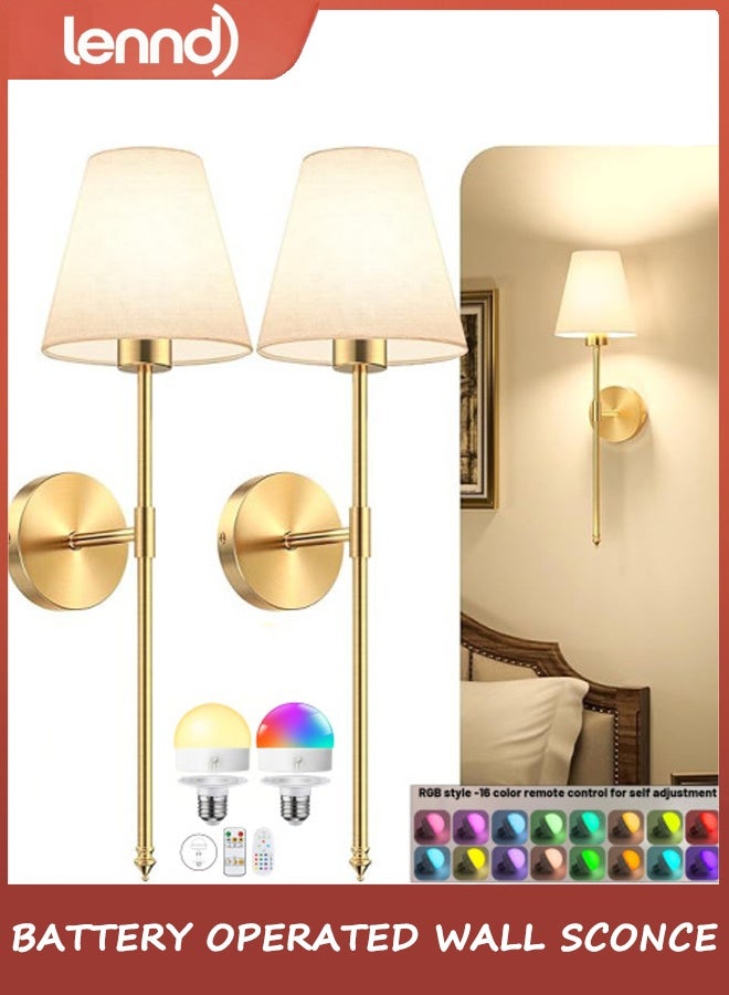 LENND Battery Operated Wall Sconce Set of 2,Gold Rechargeable Wall Lights with 5200mAh Dimmable Bulbs and Remote,10 Colors Wireless Wall Lamps for Bedroom Living Room Hallway - Image 1