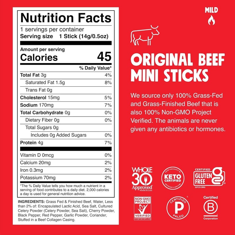 Chomps Snack Size Grass-Fed Original Beef Jerky Snack Sticks 0.5oz 24-Pack - Keto, Paleo, Whole30, Gluten-Free, Zero Sugar - Image 2