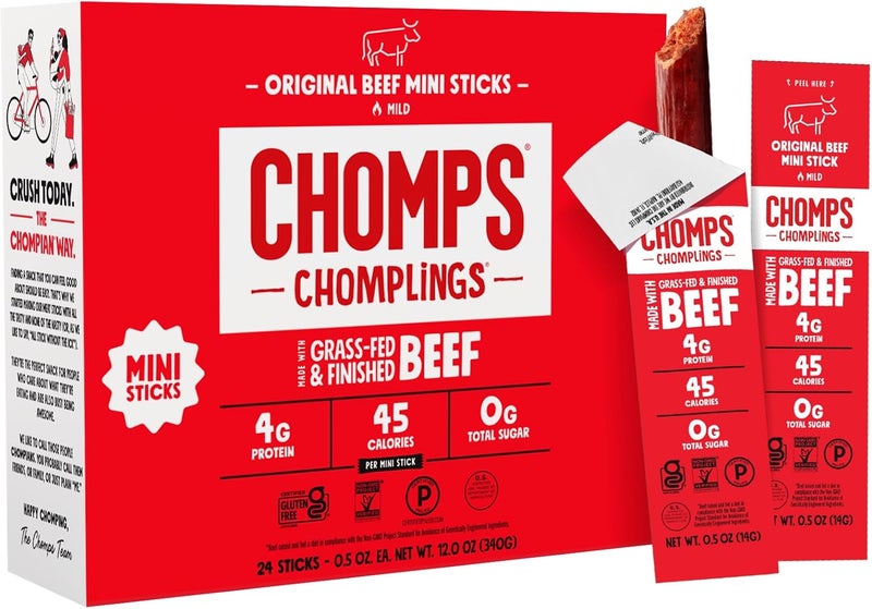 Chomps Snack Size Grass-Fed Original Beef Jerky Snack Sticks 0.5oz 24-Pack - Keto, Paleo, Whole30, Gluten-Free, Zero Sugar - Image 1