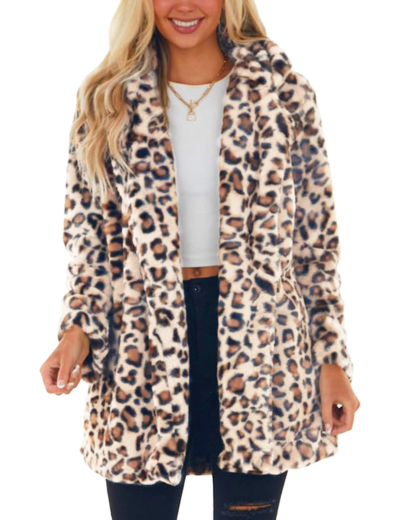Omoone Women's Faux Fur Jackets Autumn Winter Leopard Coats Loose Fur Coat with Pockets(3361-WhiteOrange-XL) - Image 1