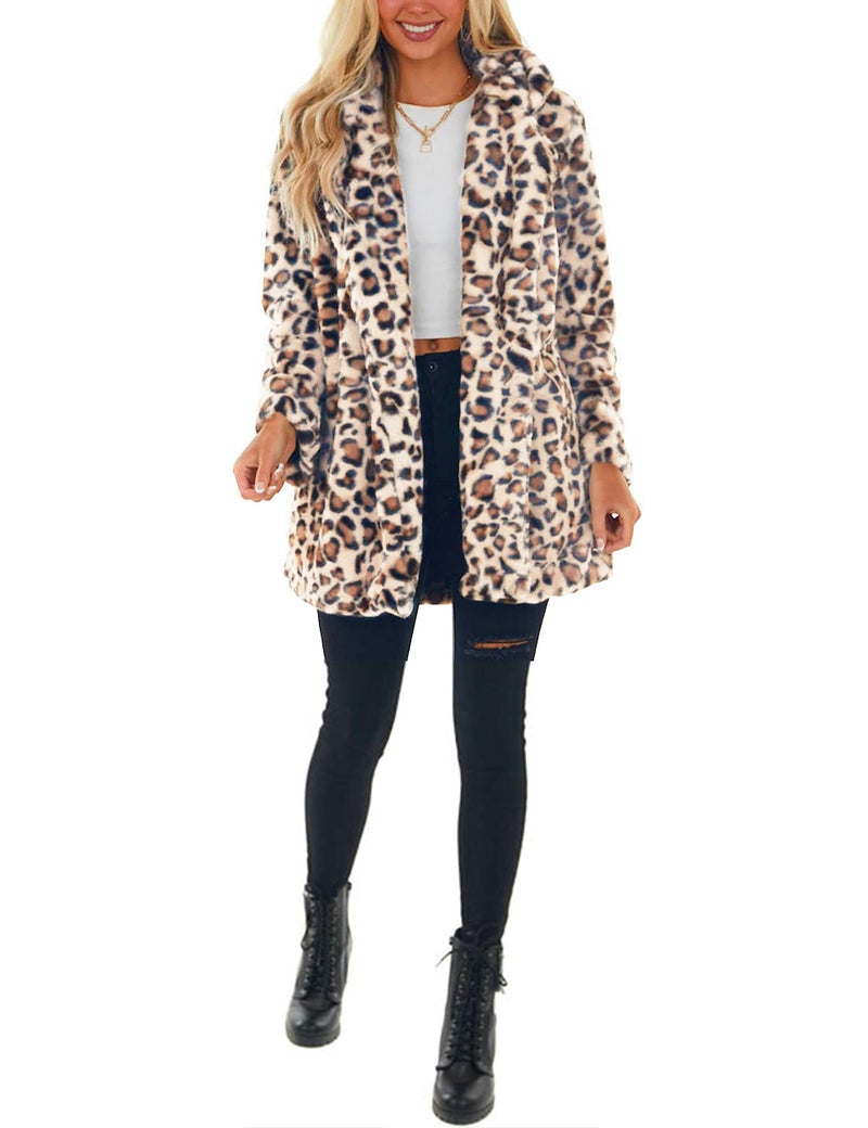 Omoone Women's Faux Fur Jackets Autumn Winter Leopard Coats Loose Fur Coat with Pockets(3361-WhiteOrange-XL) - Image 2