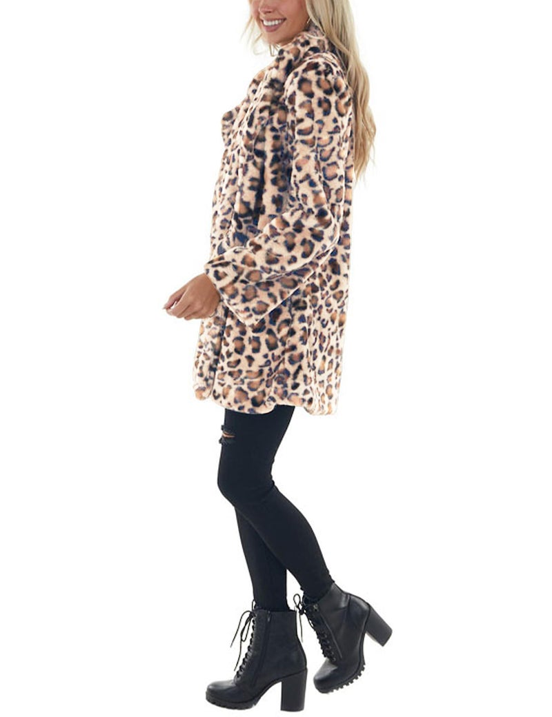 Omoone Women's Faux Fur Jackets Autumn Winter Leopard Coats Loose Fur Coat with Pockets(3361-WhiteOrange-XL) - Image 3