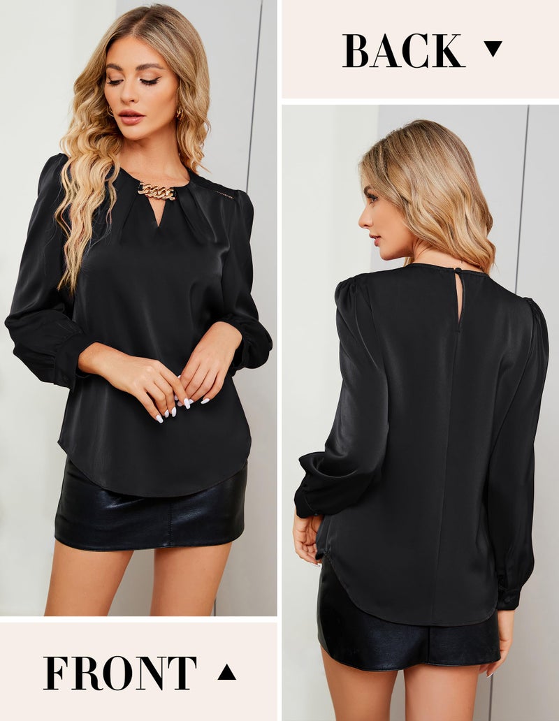 JASAMBAC Women's Long Sleeve Shirts, Dressy Business Casual Tops, Black Shirt Satin Silk Work Blouses Spring Professional Clothes XL - Image 2