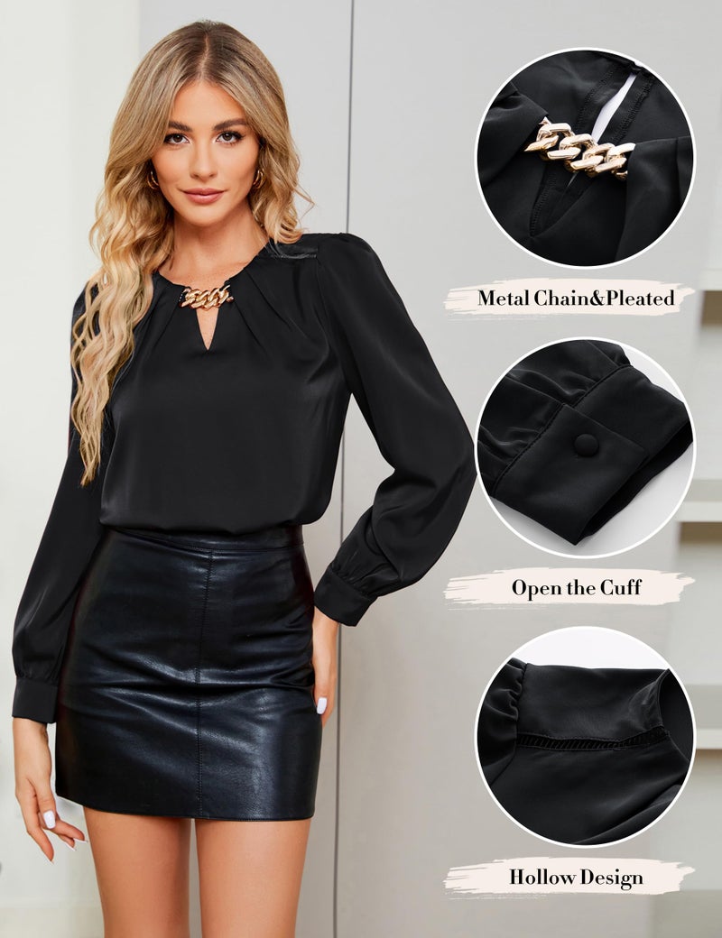 JASAMBAC Women's Long Sleeve Shirts, Dressy Business Casual Tops, Black Shirt Satin Silk Work Blouses Spring Professional Clothes XL - Image 5